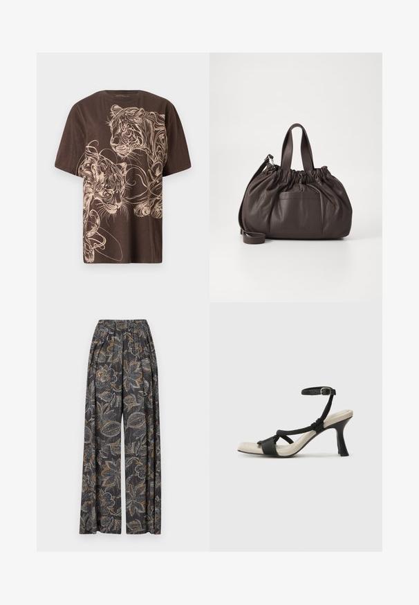 T-shirt marron avec un design graphique détaillé d'un tigre crème. Manches courtes, col rond et tissu doux et texturé.; Pantalons à jambes larges avec un imprimé floral sombre comportant des motifs gris et orange complexes. La taille élastique ajoute confort et flexibilité.; Sandale à talon noir avec un design de brides tressées, bout carré et bride de cheville réglable. Semelle intérieure beige claire avec un talon noir brillant.; Samsøe Samsøe SAEMMI MIDI BAG - Sac à main - dark brown