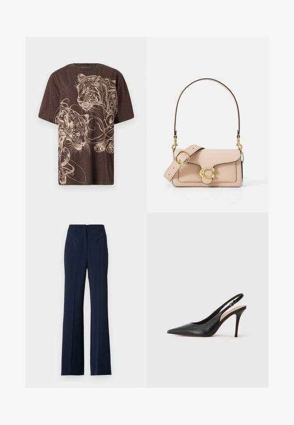 Bruine t-shirt met een gedetailleerd crèmekleurig tijgerontwerp. Korte mouwen, ronde hals en zacht, textuur stof.; Patrizia Pepe PANT - Broek - navy; Zwarte lederen slingback hakken met een puntige neus, een gladde textuur en een delicaat bandje met een metalen gesp.; Lichtroze leren handtas met een gebogen klep, gouden hardware en een afneembare schouderriem met een kettingaccent. Gladde oppervlakte en nauwkeurige stiksels.