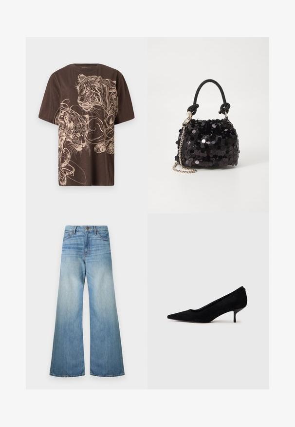 Camiseta marrón con un detallado diseño gráfico de un tigre color crema. Manga corta, cuello redondo y tejido suave y texturizado.; Jeans de pierna ancha de color azul claro, fabricados en denim, que cuentan con una cremallera estándar, cinco bolsillos y un acabado desgastado con sutiles detalles de márgenes.; Zapato de tacón alto de ante negro con punta afilada y un tacón delgado y bajo. Textura suave con un diseño elegante, sin hardware visible.; Bolso de mano mini negro con lentejuelas, con una correa de textura anudada y cadena plateada. Forma redondeada con parte superior fruncida y detalles reflectantes.