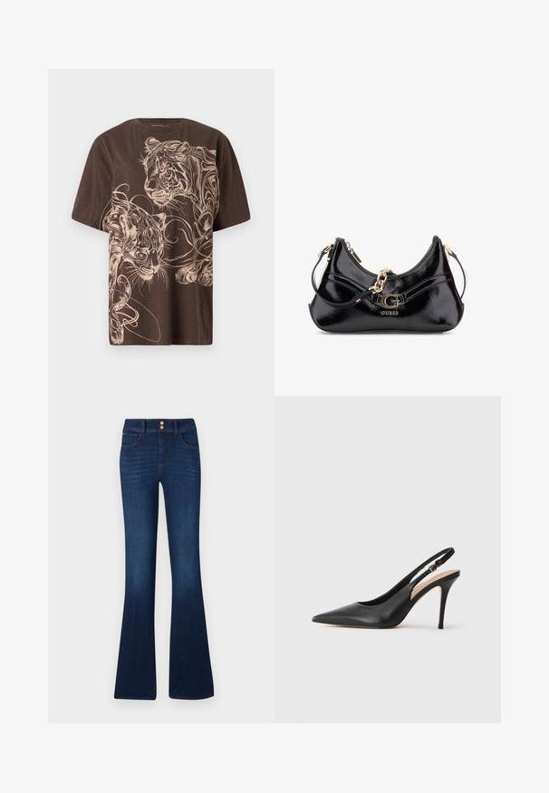 Ruda marškinėliai su išsamia grietinėlės spalvos tigro grafika. Trumpomis rankovėmis, apvaliu kaklu ir minkšta, tekstūrine medžiaga.; Tamsiai mėlynos džinsinės kelnes su plačiais pašalais, aukštu liemeniu, dviem priekinėmis kišenėmis ir dviem galinėmis kišenėmis, su lygaus paviršiaus tekstūra ir subtiliais siuvinėjimo akcentais.; Juoda odinė slingback aukštakulnė batai su smailiu pirštu, glotnia tekstūra ir delikatia juosta su metaline sagtimi.; Juodas lakinės odos maišelis su išlenktu dizainu, auksiniais aksesuarais ir ryškiu logotipu. Komplektuojamas su nuimamu peties diržu.