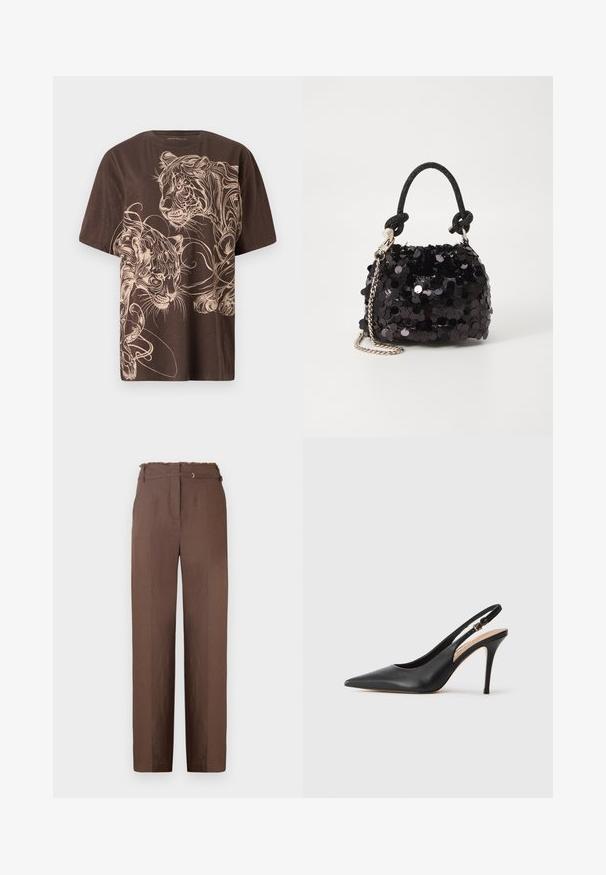 Brūna T-kreklu ar detalizētu krēmkrāsas tīģera grafiku. Īsas piedurknes, apaļa kakla izgriezums un mīksta, teksturēta auduma.; Brūni, augsto jostasvietu bikses ar saplēstu jostasvietu, taisnu griezumu un smalku spīdumu. Iekļauj jostas cilpas un izsmalcinātu, piegriezta izskata dizainu.; Melna ādas slingback augstpapēžu kurpe ar norādītu purngalu, gludu tekstūru un smalku siksniņu ar metalizētu sprādzi.; Melna spīguļota mini rokas soma ar mezglotu teksturētu siksniņu un sudraba ķēdi. Apaļa forma ar sakopotām malām un atstarojumu detaļām.