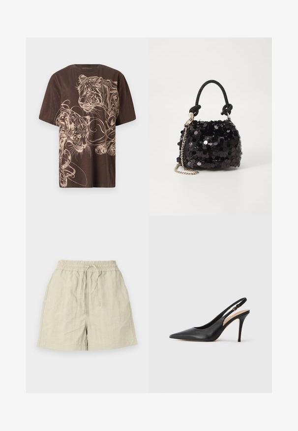 Brūna T-kreklu ar detalizētu krēmkrāsas tīģera grafiku. Īsas piedurknes, apaļa kakla izgriezums un mīksta, teksturēta auduma.; Gai krēmkrāsas šorti, izgatavoti no teksturēta auduma, ar elastīgu jostasvietu un auklu, ar sānu kabatām un brīvu piegriezumu.; Melna ādas slingback augstpapēžu kurpe ar norādītu purngalu, gludu tekstūru un smalku siksniņu ar metalizētu sprādzi.; Melna spīguļota mini rokas soma ar mezglotu teksturētu siksniņu un sudraba ķēdi. Apaļa forma ar sakopotām malām un atstarojumu detaļām.