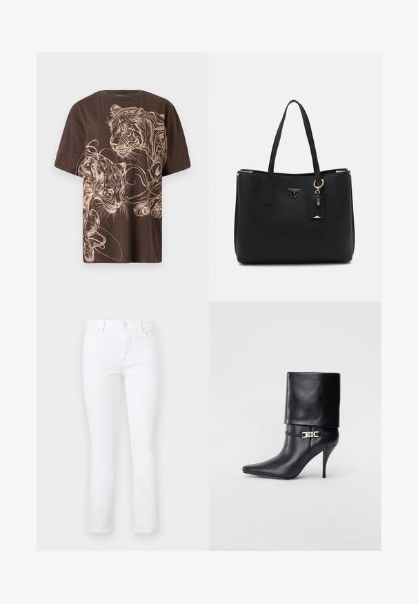 Camiseta marrón con un detallado diseño gráfico de un tigre color crema. Manga corta, cuello redondo y tejido suave y texturizado.; Jeans de mezclilla blanca con corte recto, que cuentan con cierre de botón, presillas para cinturón y diseño de cinco bolsillos. Textura suave sin patrones.; Botín de cuero negro hasta el tobillo con punta afilada, tacón alto de aguja, puño doblado y un detalle decorativo de hebilla dorada en el tobillo.; Bolso tote negro hecho de material sintético texturizado, con dos asas, una placa de logo dorada y una pequeña etiqueta con un detalle de acento.