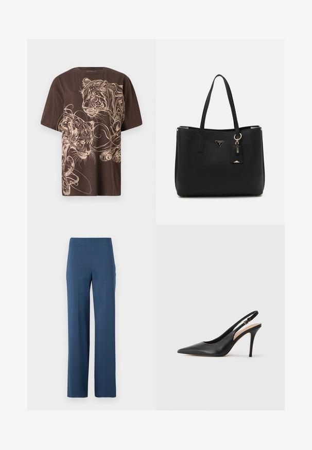 Bruine t-shirt met een gedetailleerd crèmekleurig tijgerontwerp. Korte mouwen, ronde hals en zacht, textuur stof.; Donkerblauwe, wijde broeken gemaakt van een zachte, rekbare stof. Kenmerken zijn een hoge taille en een strakke, ongecompliceerde uitstraling zonder zakken.; Zwarte lederen slingback hakken met een puntige neus, een gladde textuur en een delicaat bandje met een metalen gesp.; Zwarte tote bag van gestructureerd synthetisch materiaal, met twee handvatten, een gouden logo plaatje en een klein label met accentdetail.