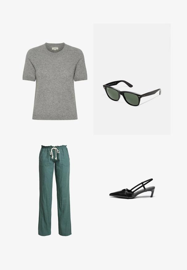 Pull gris à manches courtes en maille douce avec un col rond et un design minimaliste. Bords nets et sans couture pour un look élégant.; Pantalons en lin léger et vert avec une coupe décontractée, une taille élastique et un cordon de serrage, comportant deux poches latérales.; Chaussures slingback en cuir verni noir avec un bout pointu, une sangle unique et un talon bas et structuré. Texture lisse avec des accents minimalistes.; Lunettes de soleil en plastique noir avec verres verts, monture carrée, accent argenté sur le sourcil et branches texturées. Marque indiquée sur l'intérieur de la branche.; Sac bandoulière rectangulaire avec motif serpent noir et beige, longue sangle en boucle et fermeture éclaire sur le dessus.; Anneaux en argent poli avec un design lisse et arrondi. Présentent des formes organiques et une finition brillante, mettant en valeur des bords courbes et un anneau sans soudure.