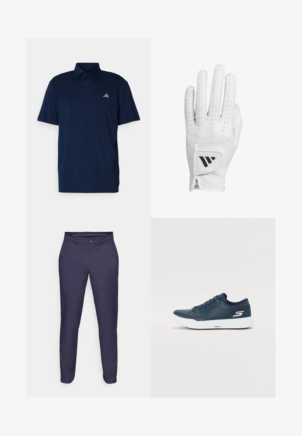 Tumesinine polosärk, valmistatud kerge kangaga, millel on krae, kolm nööpi ja vasakul rinnal väike hall logo. Lühikesed varrukad.; Tumed sinise värvi kitsad püksid nupuga ja lukuga kinnituses, vöökohavööd ja kitsenevad jalad valge tausta ees.; Tumesinine tennis jalanõud sujuva sünteetilise pealispinnaga, pehme kaelaosa ja valge tallaga. Küljel on logo ja kindla istuvuse tagamiseks lame pael.; Valge nahkne golfikinnas, millel on perforatsiooniga sõrmed, tekstuuriga õmblus ja must aksentlogo randmel. Slim-fit disain haardeks.