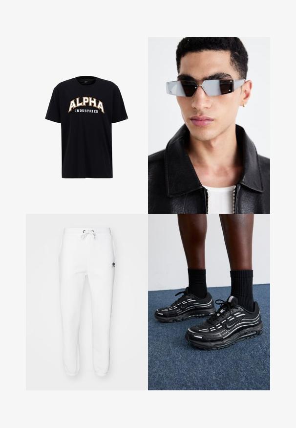 Tricou din bumbac negru, cu un mare logo arc de culoare albă și aurie "ALPHA" și "INDUSTRIES" dedesubt. Cu mâneci scurte, design standard la gât.; Pantaloni de trening albi, dintr-un amestec de bumbac, cu un model elastic la talie dotat cu șnur, buzunare laterale și manșete ribbate cu un accent logo.; Pantofii negri Nike au un superior din plasă cu dungi accentuate, șireturi texturate și o talpă din cauciuc negru. Purtați cu șosete negre cu model rib. ; Ochelari de soare unghiulari cu nuanță gri, cu accesorii argintii, pe un fundal deschis. Lentilele au o formă geometrică unică.