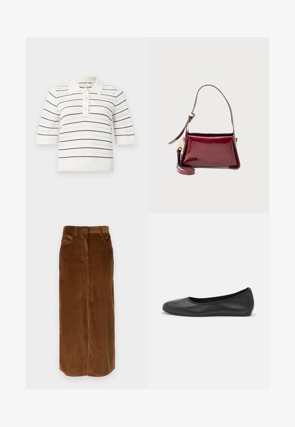 Kortærmet polo top i creme med sorte striber. Har en knaplukning, strikket tekstur og åbenarbejdsdesign for ventilation.; WEEKEND MaxMara GHIOTTO - Maxinederdele - nocciola; Sort læderballetsko med rund tå, glat tekstur, minimal syning og et fleksibelt såldesign.; Bordeaux patenteret lædertaske med en struktureret design, en lynlåslukning i toppen og en aftagelig skulderrem. Gyldne hardware-detaljer.
