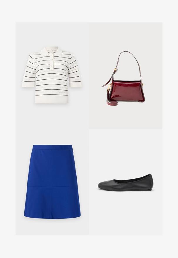 Polo tričko s krátkým rukávem v krémové barvě s černými pruhy. Má zapínání na knoflíky, pletenou texturu a prodyšný design.; Modrá sukně vyrobená z hladké tkaniny, se zřetelným pasem a jednoduchým, rozšířeným střihem bez ozdob nebo vzorů.; Černé kožené baletní byty s kulatou špičkou, hladkou texturou, minimálními švy a flexibilním designem podrážky.; Bordó lakovaná kabelka se strukturálním designem, s horním zipovým uzávěrem a odnímatelným ramenním popruhem. Zlaté akcenty.