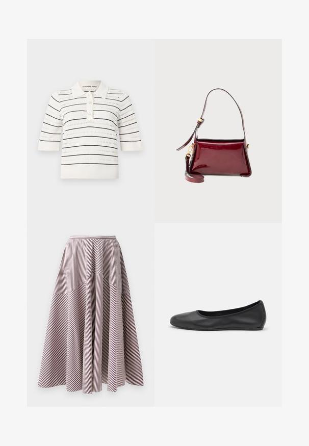 Kortärmad polotröja i krämfärgat med svarta ränder. Har en knappslå, stickad struktur och ett ventilationsdesign med öppet arbete.; Randig kjol med vertikala vita och burgundy linjer, med en utsvängd design och rynkad textur vid midjan, tillverkad av lättviktsmaterial.; Svart läderballerinaskor med rund tå, slät yta, minimala söm detaljer och en flexibel sula.; Bordeaux lackläderväska med en strukturerad design, ett övre blixtlåsstängning och en avtagbar axelrem. Guldhardware-accenter.