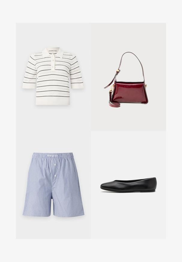 Polo tričko s krátkým rukávem v krémové barvě s černými pruhy. Má zapínání na knoflíky, pletenou texturu a prodyšný design.; Pruhované bavlněné šortky v modré a bílé barvě, které mají elastický pas, dva přední knoflíky a uvolněný střih.; Paul Smith TOPANGA - Klasické baleríny - black; Bordó lakovaná kabelka se strukturálním designem, s horním zipovým uzávěrem a odnímatelným ramenním popruhem. Zlaté akcenty.