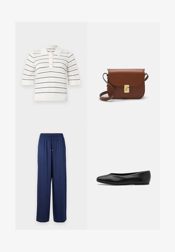 Short-sleeve polo top in cream with black stripes. Features a button placket, knitted texture, and openwork design for ventilation.; Navy blue wide-leg pants with an elastic waistband and drawstring, featuring gold metal accents at the drawstring ends. Soft fabric texture.; Paul Smith TOPANGA - Ballet pumps - black; Brown leather handbag with a flap closure, gold-tone hardware, a shoulder strap, and a smooth texture. Compact rectangular shape.