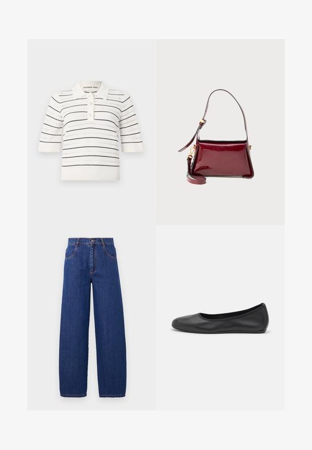 Koszulka polo z krótkim rękawem w kolorze kremowym z czarnymi paskami. Posiada zapięcie na guziki, dzianinową teksturę oraz ażurowy wzór dla lepszej wentylacji.; Szerokie niebieskie dżinsy z wysokim stanem, posiadające przednie kieszenie i pomarańczowe przeszycia. Materiał ma gładką strukturę z klasycznym wykończeniem.; Czarne skórzane baletki z zaokrąglonym noskiem, gładką fakturą, minimalnymi przeszyciami i elastycznym designem podeszwy.; Burgundowa torba ze skóry lakierowanej o strukturowanym designie, z zamknięciem na zamek błyskawiczny i odpinanym paskiem na ramię. Złote akcenty metalowe.