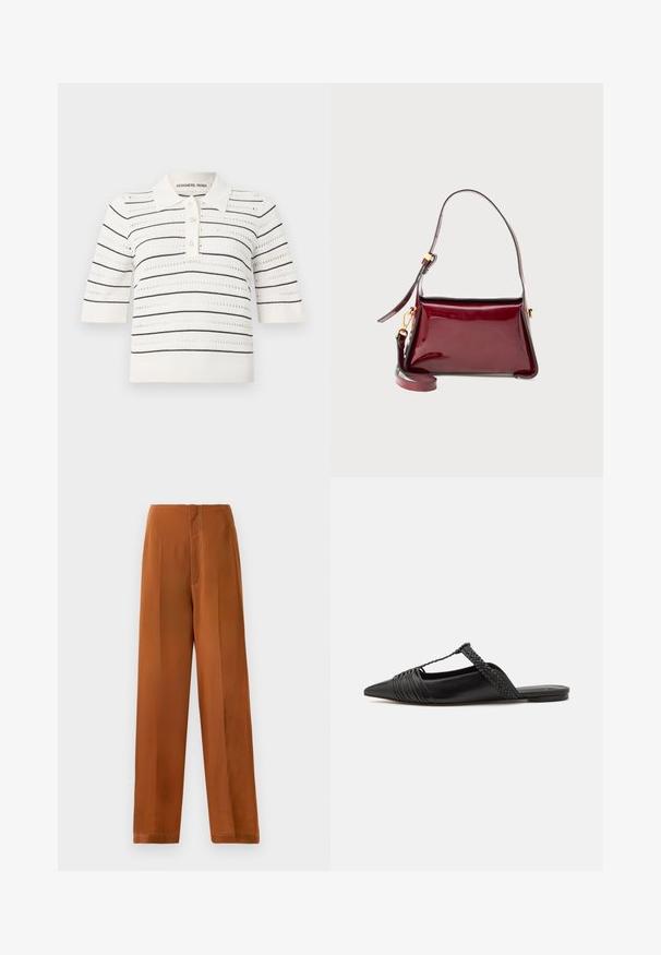 Kreemivärvi lühiheega polo särk mustade triipudega. Omab nööpide rida, kudumise tekstuuri ja avatud disaini ventilatsiooni tagamiseks.; Laiad püksid sooja pruuni värvi, millel on sile tekstuur, kõrge vöökoht ja kontrastsed valged õmblused. ; Must kuulsad nahast kandadega kingad, millel on terav nina, koos kootud detaili ja volditud ülaosaga. Lame tald minimaalse riistvaraga.; Burgundia lakknahkist kott struktureeritud disainiga, ülemise lukuga ja eemaldatava õlapaelaga. Kuldse disainiga aksessuaarid.