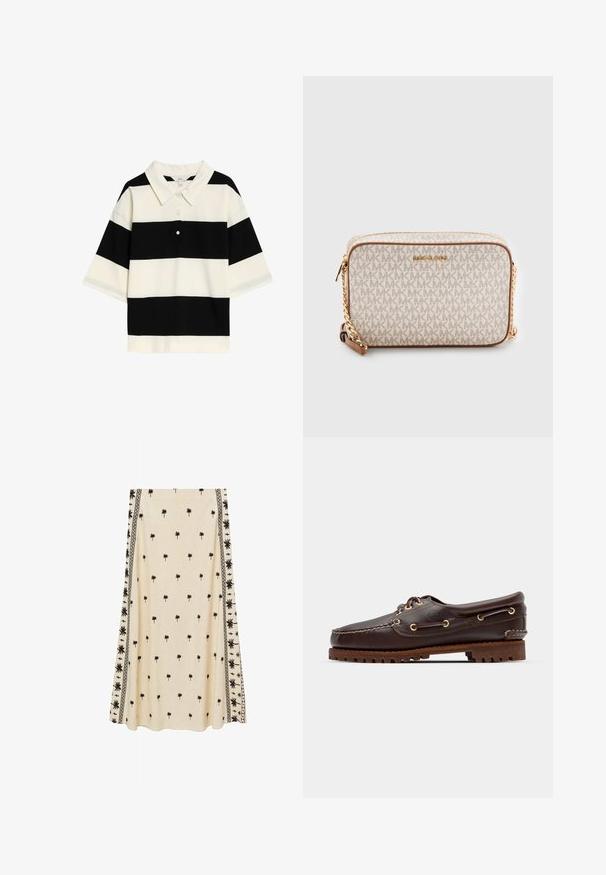Zwart-wit gestreepte polo met een klassieke kraag, drie knopen en korte mouwen. Zachte stof met een gladde textuur.; Crème-kleurige rok met een klein zwart palmboomprint, met ingewikkelde zwarte randpatronen langs de zijkanten, gemaakt van lichtgewicht stof.; Bruine leren bootsschoen met gouden oogjes, ronde veters en een gestructureerde bruine rubberen zool. Kenmerkt zich door gestikte details en een verhoogd logo.; Beige crossbody tas gemaakt van canvas met een herhalend MK-logo patroon, gouden hardware en een kettinghengsel. Heeft een ritsluiting en leren accenten.