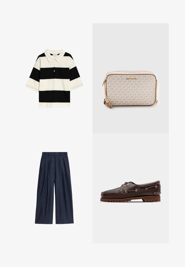 Polo a rayas en blanco y negro que presenta un cuello clásico, tres botones y mangas cortas. Tejido suave con una textura lisa.; Pantalones de pierna ancha azul marino de lino, con cintura alta, frente plisado y bolsillos laterales para mayor funcionalidad.; Zapato náutico de cuero marrón con ojales dorados, cordones redondos y suela de goma marrón texturizada. Presenta detalles de costura y un logotipo elevado.; Bolso bandolera beige hecho de lona con un patrón repetitivo del logo MK, con herrajes dorados y una correa de cadena. Cuenta con un cierre de cremallera y acentos de cuero.