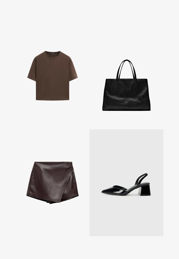 Brun bomulds t-shirt, korte ærmer, rund halsudskæring, afslappet pasform, glat tekstur, minimalistisk design, ingen synlige mønstre eller accenter.; Brun faux læder omslagsskjørt med en glat tekstur og skrå snit, der har rene kanter og en sidelukning med lynlås.; Sorte patentlæder slingback hæle med spids tå og en geometrisk blok hæl. Har et elegant, minimalistisk design og en glat tekstur.; Sort læder tote bag med to forlængede hanke, en struktureret form, glat tekstur og minimalistisk design. Ingen synlig hardware eller accenter.