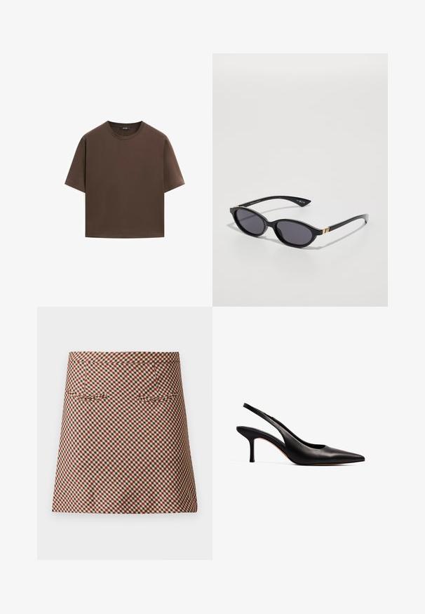 Brun bomull t-shirt, korta ärmar, rund halsringning, avslappnad passform, slät textur, minimalistisk design, inga synliga mönster eller accenter.; Kortsidigt rutigt kjol med ett rutmönster i röd, svart och krämfärg. Den har en slitstark yta och två framfickor.; NA-KD Pumps - black; Svarta solglasögon med ovala linser, mörk gradienttoning och smala skalmar med subtila guldaccenter. Slät plastfinish.; Brun läder tote-väska med två avlånga handtag, strukturerad rektangulär form, slät textur och subtila sömdetaljer.