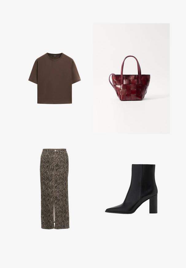 Hnědé bavlněné tričko, krátké rukávy, kulatý výstřih, volný střih, hladká textura, minimalistický design, žádné viditelné vzory ani akcenty.; Kaffe LEONDRA - Maxi sukně - feather gray black animal; Černé kožené kotníkové boty s špičatou špičkou, čtveratým podpatkem, hladkou texturou a švy podél spojů. Výška podpatku je přibližně 8,9 centimetrů.; Tkaná bordó kožená taška přes rameno s dvěma krátkými uchy a odnímatelným ramenním popruhem. Má strukturovaný tvar a hladkou texturu.