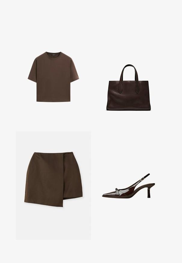 T-shirt in cotone marrone, maniche corte, collo a giro, vestibilità abbastanza ampia, texture liscia, design minimalista, senza motivi o dettagli visibili.; By Malene Birger RAYE - Minigonna - dark mahogany; Scarpa slingback in pelle verniciata marrone con punta appuntita, tacco basso e un accentuato fiocco decorativo nella parte anteriore. Texture liscia e lucente.; Borsa a spalla in pelle marrone con due manici lunghi, forma rettangolare strutturata, texture liscia e dettagli di cucitura sottili.
