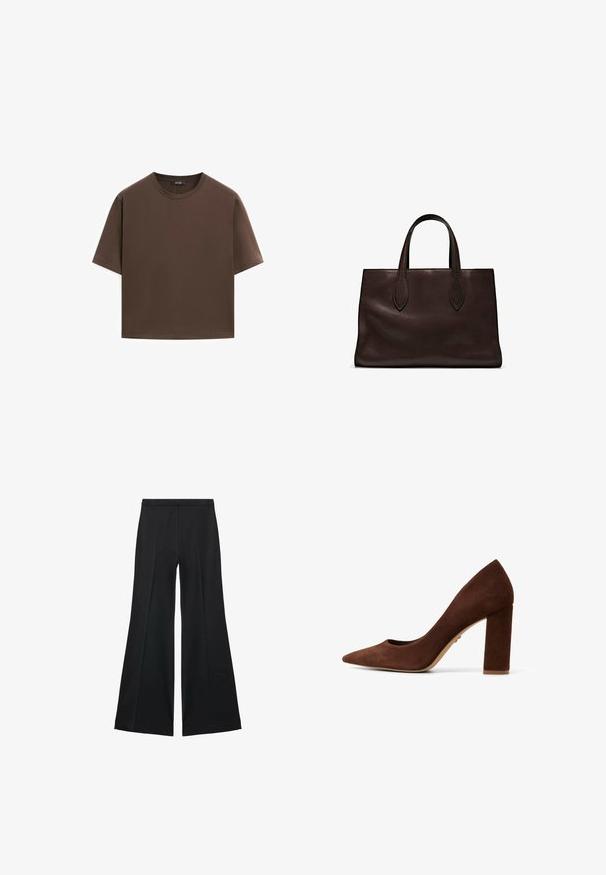 Brown cotton t-shirt, short sleeves, crew neckline, relaxed fit, smooth texture, minimalistic design, no visible patterns or accents.; Black wide-leg pants with a smooth texture, featuring front pleats and a tailored design. The fabric is lightweight and flowy.; Brown suede high heels with a pointed toe and a wide block heel. Smooth texture and minimalistic design. No visible hardware or patterns.; Brown leather tote bag with two elongated handles, structured rectangular shape, smooth texture, and subtle stitching details.; Gold-tone metal earring with a sleek, curved design. Features a distinctive pointed shape, polished surface, and hinge closure.