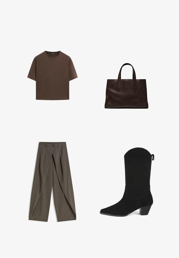 T-shirt in cotone marrone, maniche corte, collo a giro, vestibilità abbastanza ampia, texture liscia, design minimalista, senza motivi o dettagli visibili.; Pantaloni a gamba larga realizzati in un tessuto testurizzato grigio scuro. Presentano una piega frontale, chiusura con bottone e tasche laterali per praticità.; Stivale cowboy in suede nero con punta affusolata, un leggero tacco e un bordo superiore ondulato. Presenta cuciture minime e una linguetta sul retro per facilitare la calzata.; Borsa a spalla in pelle marrone con due manici lunghi, forma rettangolare strutturata, texture liscia e dettagli di cucitura sottili.