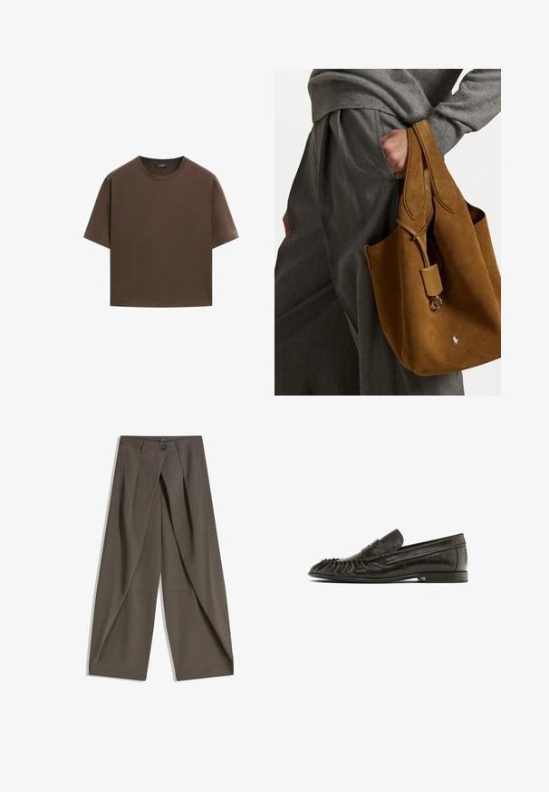 Hnědé bavlněné tričko, krátké rukávy, kulatý výstřih, volný střih, hladká textura, minimalistický design, žádné viditelné vzory ani akcenty.; Kalhoty s širokými nohavicemi vyrobené z texturované tkaniny tmavě šedé barvy. Obsahují přední záhyb, zapínání na knoflík a boční kapsy pro praktičnost.; Černé kožené mokasíny s třásňovým designem na špičce, plochou podrážkou a prošívaným detailem přes svršek. Hladký povrch a minimalistický styl.; Hnědá semišová taška přes rameno zaobleného tvaru, se dvěma uchy a kovovým hardwarem. Na přední straně je malá logo.