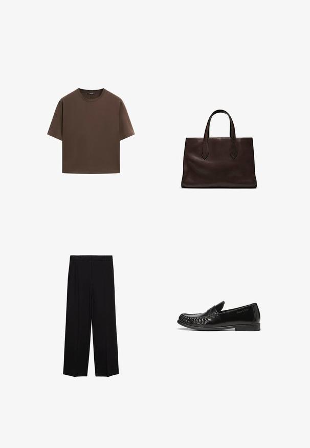 Brun bomulds t-shirt, korte ærmer, rund halsudskæring, afslappet pasform, glat tekstur, minimalistisk design, ingen synlige mønstre eller accenter.; Sorte brede bukser med en glat stof, der har folder foran og sidelommer, designet med en lige, afslappet pasform.; Sorte læder loafers med en glat, blank overflade, rund tå og dekorativ syning langs kanterne. Flad gummisål med minimalt mønster.; Brun læder tote bag med to forlængede håndtag, struktureret rektangulær form, glat overflade og subtile syninger.
