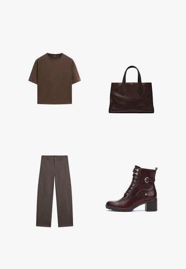 Brun bomulds t-shirt, korte ærmer, rund halsudskæring, afslappet pasform, glat tekstur, minimalistisk design, ingen synlige mønstre eller accenter.; Bredde bukser i mørkebrun stof. Har knaplukning, to frontlommer og en glat tekstur med rene sømme.; Pikolinos LLANES - Ankelstøvler - dark brown; Brun læder tote bag med to forlængede håndtag, struktureret rektangulær form, glat overflade og subtile syninger.