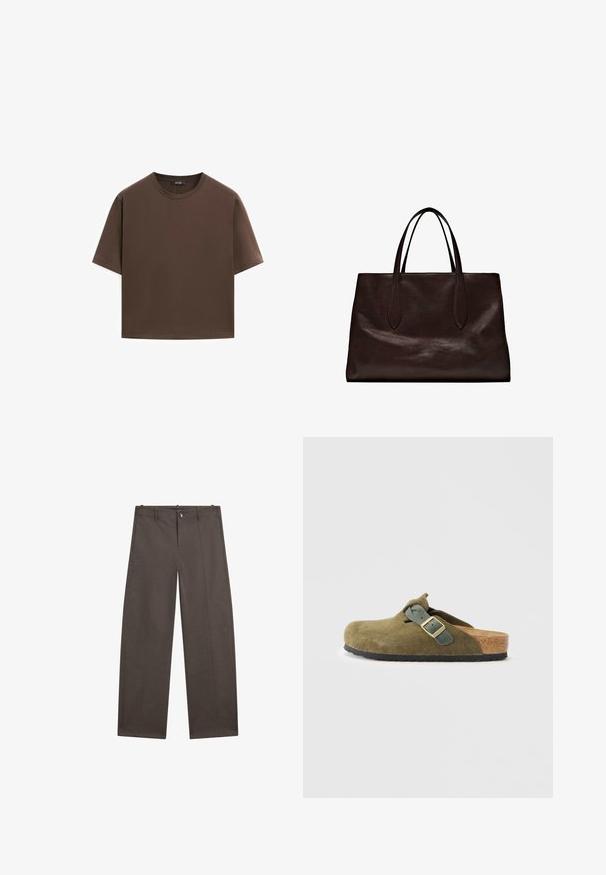 T-shirt en coton marron, à manches courtes, col rond, coupe décontractée, texture lisse, design minimaliste, sans motifs ni accents visibles.; Pantalons large en tissu marron foncé. Dotés d'une fermeture à bouton, de deux poches avant et d'une texture lisse avec des coutures nettes.; Mocassin en suède vert olive avec une semelle en liège. Il présente une sangle à boucle et un bout arrondi, avec une semelle extérieure en caoutchouc texturé.; Massimo Dutti Sac à main - brown