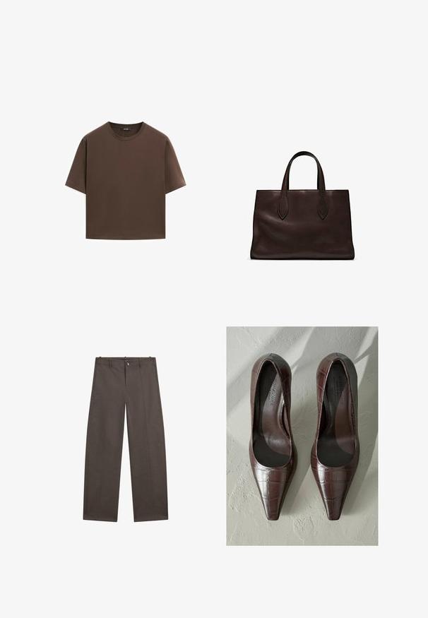 Brun bomulds t-shirt, korte ærmer, rund halsudskæring, afslappet pasform, glat tekstur, minimalistisk design, ingen synlige mønstre eller accenter.; Bredde bukser i mørkebrun stof. Har knaplukning, to frontlommer og en glat tekstur med rene sømme.; Brune patenterede læderhøjhælede sko med spids tå, med krokodillestruktur og glat inderside. Designet til et slankt udseende.; Brun læder tote bag med to forlængede håndtag, struktureret rektangulær form, glat overflade og subtile syninger.