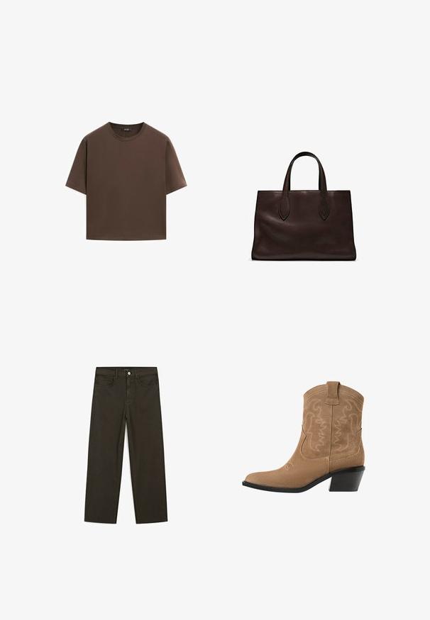 Brązowa bawełniana koszulka, krótki rękaw, okrągły dekolt, luźny fason, gładka tkanina, minimalistyczny design, bez widocznych wzorów czy akcentów.; Ciemnozielone spodnie dżinsowe typu wide-leg wykonane z mieszanki bawełny, z zamkiem na guzik z przodu, pięcioma kieszeniami i klasycznym przeszyciem dżinsowym.; Brązowe zamszowe kowbojskie botki za kostkę z szpiczastym nosem, haftowanym wzorem i niskim, czarnym, piętą typu stacked. Posiadają pętle do łatwego zakładania.; Brązowa skórzana torba tote z dwoma wydłużonymi uchwytami, usztywnionym prostokątnym kształtem, gładką teksturą i subtelnymi detalami przeszycia.
