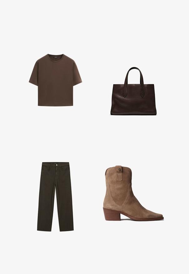 Hnědé bavlněné tričko, krátké rukávy, kulatý výstřih, volný střih, hladká textura, minimalistický design, žádné viditelné vzory ani akcenty.; Tmavě zelené široké džínsy vyrobené z bavlněné směsi, s předním zapínáním na knoflík, pěti kapsami a klasickým denimovým stehem.; Hnědé semišové kotníkové boty s špičatou špičkou a zúženým podpatkem. Obsahují dekorační prošívání a poutko na zadní straně. Hladká textura.; Hnědá kožená taška přes rameno s dvěma dlouhými uchy, strukturální obdélníkový tvar, hladká textura a jemné švy.