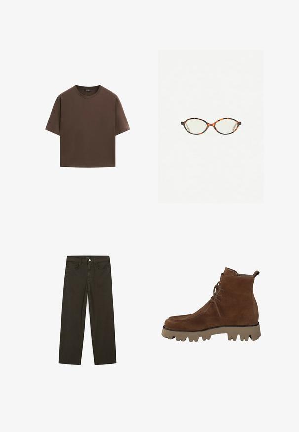 T-shirt in cotone marrone, maniche corte, collo a giro, vestibilità abbastanza ampia, texture liscia, design minimalista, senza motivi o dettagli visibili.; Jeans a gamba larga di colore verde scuro, realizzati in tessuto misto cotone, dotati di chiusura con bottone frontale, cinque tasche e cuciture classiche in denim.; Stivali alla caviglia in suede marrone con punta arrotondata, lacci davanti e suola in gomma spessa con battistrada pronunciato per una migliore aderenza.; Occhiali in tartaruga con lenti ovali e una finitura liscia e elegante. Presentano aste sottili con una leggera curva alle tempie. Lenti trasparenti.