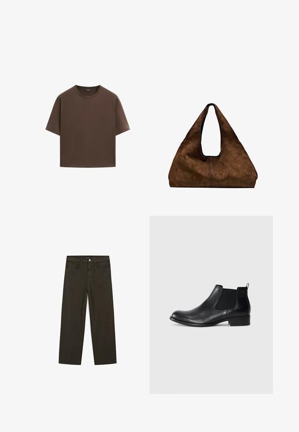 Bruine katoenen t-shirt, korte mouwen, ronde hals, relaxte pasvorm, gladde textuur, minimalistisch ontwerp, geen zichtbare patronen of accenten.; Donkergroene wijde jeans van een katoenmix, met een sluiting met een voorste knop, vijf zakken en klassieke denimstiksels.; Zwarte leren Chelsea enkellaars met elastische zijkanten, ronde neus, trekband aan de achterkant en een lage blokhak. Gladde textuur.; Bruine suède schoudertas met een open bovenkant. Heeft een diepe, brede vorm, een uitsnijdend handvat en een minimale stiksels voor een strak ontwerp.