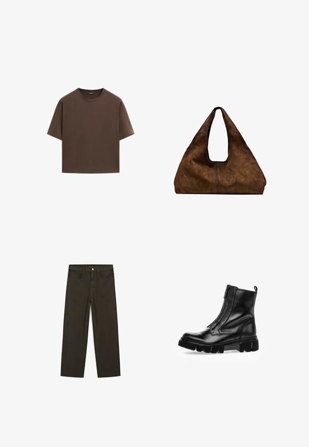 Bruine katoenen t-shirt, korte mouwen, ronde hals, relaxte pasvorm, gladde textuur, minimalistisch ontwerp, geen zichtbare patronen of accenten.; Donkergroene wijde jeans van een katoenmix, met een sluiting met een voorste knop, vijf zakken en klassieke denimstiksels.; Zwarte leren enkellaars met een zijrits, een robuuste rubberen zool en een gestructureerde afwerking. Voorzien van een lusvormig treklipje aan de achterkant voor gemakkelijk aantrekken.; Bruine suède schoudertas met een open bovenkant. Heeft een diepe, brede vorm, een uitsnijdend handvat en een minimale stiksels voor een strak ontwerp.