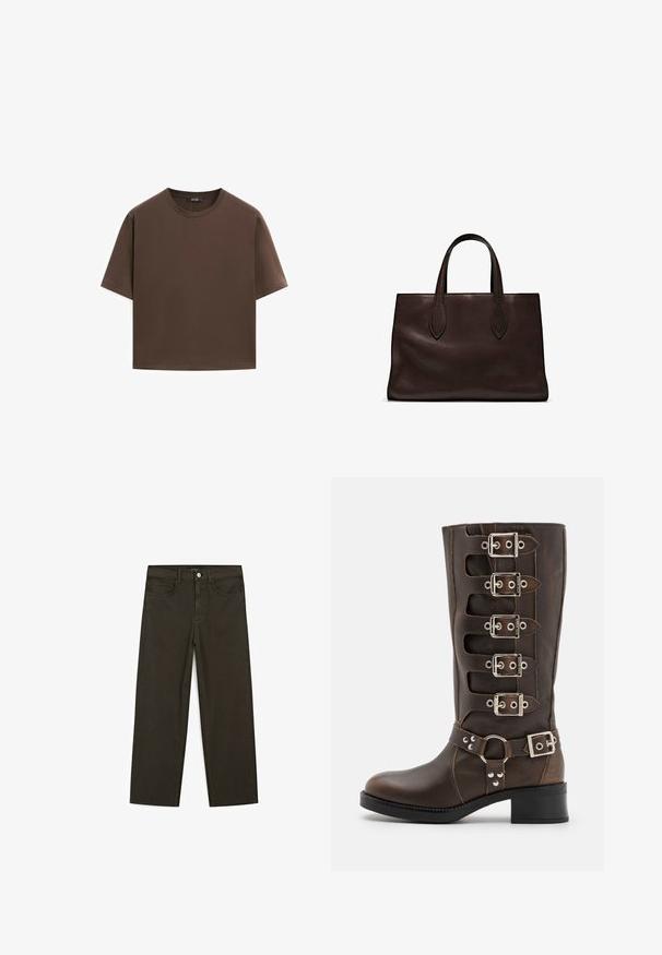 Brown cotton t-shirt, short sleeves, crew neckline, relaxed fit, smooth texture, minimalistic design, no visible patterns or accents.; Dark green wide-leg jeans made of cotton blend, featuring a front button closure, five pockets, and classic denim stitching.; Steve Madden BATTLE - Cowboy/Biker boots - brown; Brown leather tote bag with two elongated handles, structured rectangular shape, smooth texture, and subtle stitching details.