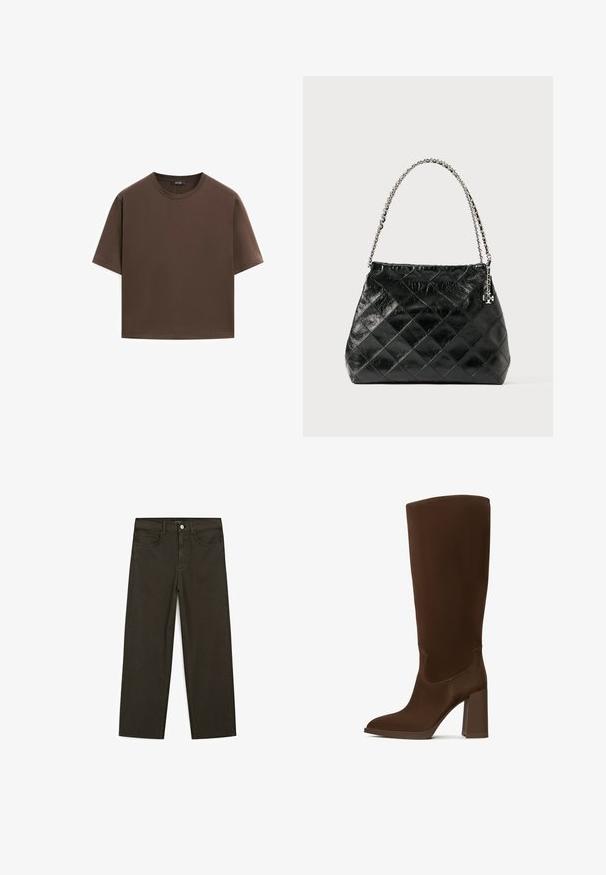 Brun bomulds t-shirt, korte ærmer, rund halsudskæring, afslappet pasform, glat tekstur, minimalistisk design, ingen synlige mønstre eller accenter.; Mørkegrønne brede jeans lavet af en bomuldsblanding, med en frontlukning med knap, fem lommer og klassisk denim-syning.; Brune knæhøje støvler lavet af glat materiale, med spids tå og firkantet hæl. Syningsdetaljer forbedrer det elegante design.; Sort quiltet læderhåndtaske med et sølvfarvet kædehåndtag, der har et struktureret design og en glat tekstur.