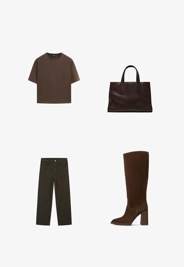 Brun bomulds t-shirt, korte ærmer, rund halsudskæring, afslappet pasform, glat tekstur, minimalistisk design, ingen synlige mønstre eller accenter.; Mørkegrønne brede jeans lavet af en bomuldsblanding, med en frontlukning med knap, fem lommer og klassisk denim-syning.; Brune knæhøje støvler lavet af glat materiale, med spids tå og firkantet hæl. Syningsdetaljer forbedrer det elegante design.; Brun læder tote bag med to forlængede håndtag, struktureret rektangulær form, glat overflade og subtile syninger.