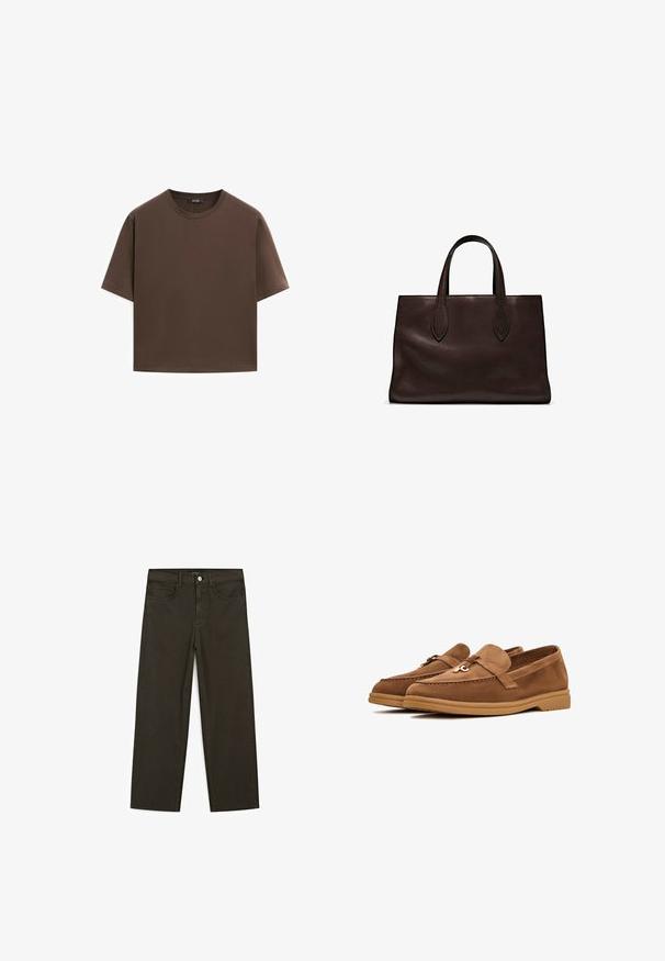 T-shirt in cotone marrone, maniche corte, collo a giro, vestibilità abbastanza ampia, texture liscia, design minimalista, senza motivi o dettagli visibili.; Jeans a gamba larga di colore verde scuro, realizzati in tessuto misto cotone, dotati di chiusura con bottone frontale, cinque tasche e cuciture classiche in denim.; Mocassini in suede marrone con suola piatta, caratterizzati da un fiocco decorativo e dettagli di cucitura discreti. Design a punta arrotondata.; Borsa a spalla in pelle marrone con due manici lunghi, forma rettangolare strutturata, texture liscia e dettagli di cucitura sottili.