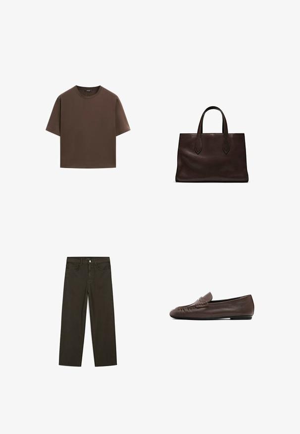 Brown cotton t-shirt, short sleeves, crew neckline, relaxed fit, smooth texture, minimalistic design, no visible patterns or accents.; Dark green wide-leg jeans made of cotton blend, featuring a front button closure, five pockets, and classic denim stitching.; Brown leather moccasin-style flat shoe with a stitched accent on the upper and a smooth texture. Low-profile design with a flexible sole.; Brown leather tote bag with two elongated handles, structured rectangular shape, smooth texture, and subtle stitching details.