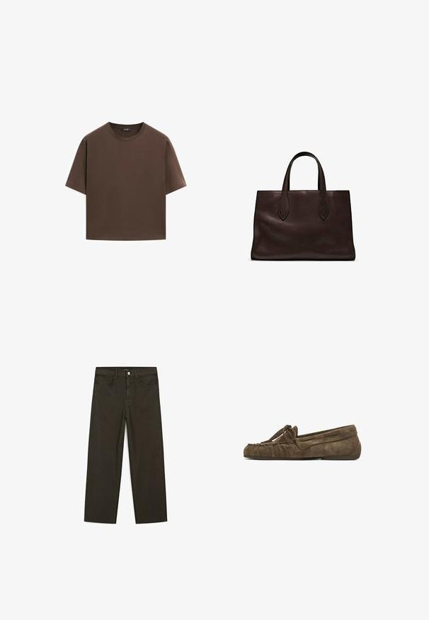 Braunes Baumwoll-T-Shirt, kurze Ärmel, runder Halsausschnitt, lockere Passform, glatte Textur, minimalistisches Design, keine sichtbaren Muster oder Akzente.; Dunkelgrüne Jeans im weit geschnittenen Style, hergestellt aus einem Baumwollgemisch. Sie verfügen über einen Frontknopfverschluss, fünf Taschen und klassische Denim-Nähte.; Dunkelbraune Wildleder-Pantoletten mit einem gerafften Design, einer Schleifendetail an der Vorderseite und einer flachen Gummisohle für Komfort.; Braune Ledertasche mit zwei langen Griffen, strukturierte rechteckige Form, glatte Textur und dezente Nähdetails.