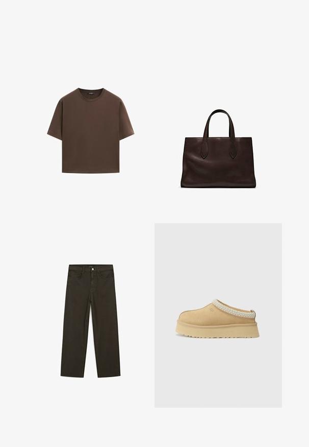 Brown cotton t-shirt, short sleeves, crew neckline, relaxed fit, smooth texture, minimalistic design, no visible patterns or accents.; Dark green wide-leg jeans made of cotton blend, featuring a front button closure, five pockets, and classic denim stitching.; Tan suede slip-on shoe with a padded collar and textured light blue accent. Features a thick, durable outsole with a patterned tread.; Brown leather tote bag with two elongated handles, structured rectangular shape, smooth texture, and subtle stitching details.