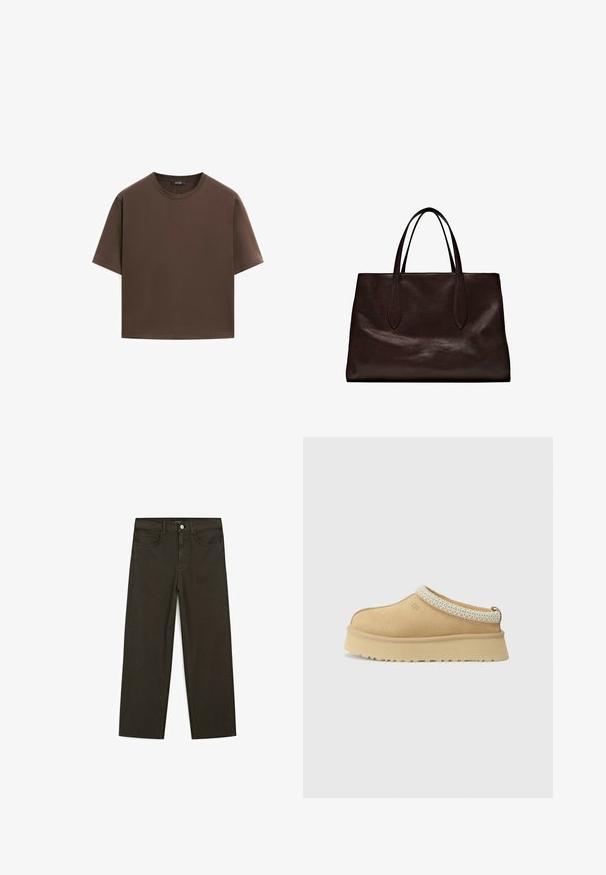 Braunes Baumwoll-T-Shirt, kurze Ärmel, runder Halsausschnitt, lockere Passform, glatte Textur, minimalistisches Design, keine sichtbaren Muster oder Akzente.; Dunkelgrüne Jeans im weit geschnittenen Style, hergestellt aus einem Baumwollgemisch. Sie verfügen über einen Frontknopfverschluss, fünf Taschen und klassische Denim-Nähte.; Beige Wildleder Slipper mit gepolstertem Kragen und strukturiertem hellblauen Akzent. Verfügt über eine dicke, strapazierfähige Außensohle mit gemusterter Profilierung.; Massimo Dutti Handtasche - brown