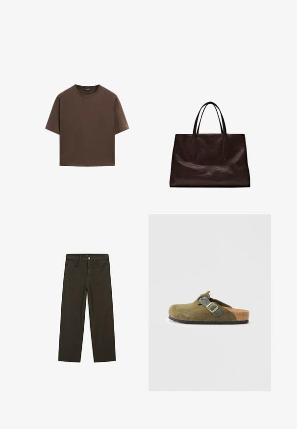 T-shirt in cotone marrone, maniche corte, collo a giro, vestibilità abbastanza ampia, texture liscia, design minimalista, senza motivi o dettagli visibili.; Jeans a gamba larga di colore verde scuro, realizzati in tessuto misto cotone, dotati di chiusura con bottone frontale, cinque tasche e cuciture classiche in denim.; Zoccolo in suede verde oliva con fondo in sughero. Presenta una cintura con fibbia e punta arrotondata, con una suola in gomma testurizzata.; Massimo Dutti Borsa a mano - brown