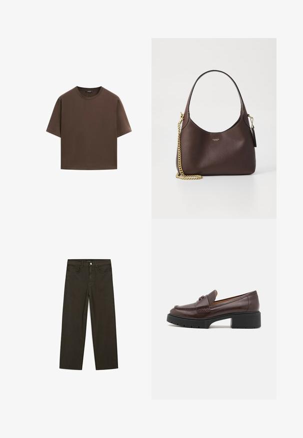 Braunes Baumwoll-T-Shirt, kurze Ärmel, runder Halsausschnitt, lockere Passform, glatte Textur, minimalistisches Design, keine sichtbaren Muster oder Akzente.; Dunkelgrüne Jeans im weit geschnittenen Style, hergestellt aus einem Baumwollgemisch. Sie verfügen über einen Frontknopfverschluss, fünf Taschen und klassische Denim-Nähte.; Brauner Lederloafer mit abgerundetem Zeh, genähten Details und einem klobigen schwarzen Gummihighheel. Glatte Oberfläche und minimale Akzente.; COACH BROOKLYN SHOULDER BAG 23 - Handtasche - maple