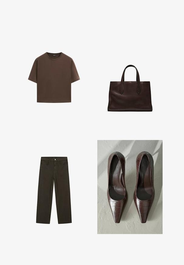 Brun bomulds t-shirt, korte ærmer, rund halsudskæring, afslappet pasform, glat tekstur, minimalistisk design, ingen synlige mønstre eller accenter.; Mørkegrønne brede jeans lavet af en bomuldsblanding, med en frontlukning med knap, fem lommer og klassisk denim-syning.; Brune patenterede læderhøjhælede sko med spids tå, med krokodillestruktur og glat inderside. Designet til et slankt udseende.; Brun læder tote bag med to forlængede håndtag, struktureret rektangulær form, glat overflade og subtile syninger.
