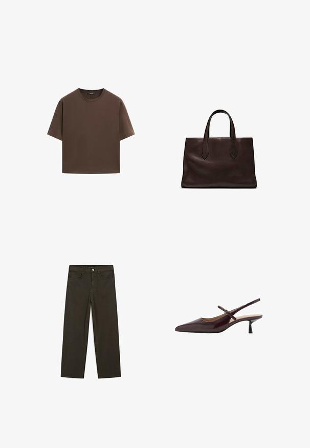 T-shirt in cotone marrone, maniche corte, collo a giro, vestibilità abbastanza ampia, texture liscia, design minimalista, senza motivi o dettagli visibili.; Jeans a gamba larga di colore verde scuro, realizzati in tessuto misto cotone, dotati di chiusura con bottone frontale, cinque tasche e cuciture classiche in denim.; Scarpe con tacco a kitten in pelle bordeaux, con punta affusolata, sottile cinturino alla caviglia e design a tacco piccolo. Texture liscia con finitura lucida.; Borsa a spalla in pelle marrone con due manici lunghi, forma rettangolare strutturata, texture liscia e dettagli di cucitura sottili.