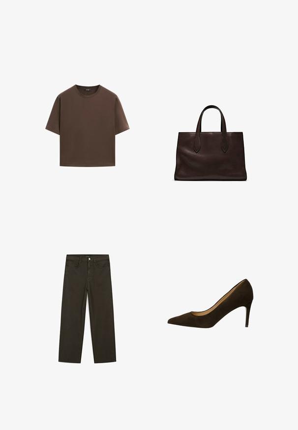 T-shirt in cotone marrone, maniche corte, collo a giro, vestibilità abbastanza ampia, texture liscia, design minimalista, senza motivi o dettagli visibili.; Jeans a gamba larga di colore verde scuro, realizzati in tessuto misto cotone, dotati di chiusura con bottone frontale, cinque tasche e cuciture classiche in denim.; Pumps in suede marrone con tacco alto, punta affusolata, texture liscia e tacco stiletto sottile. Design semplice senza elementi hardware visibili.; Borsa a spalla in pelle marrone con due manici lunghi, forma rettangolare strutturata, texture liscia e dettagli di cucitura sottili.