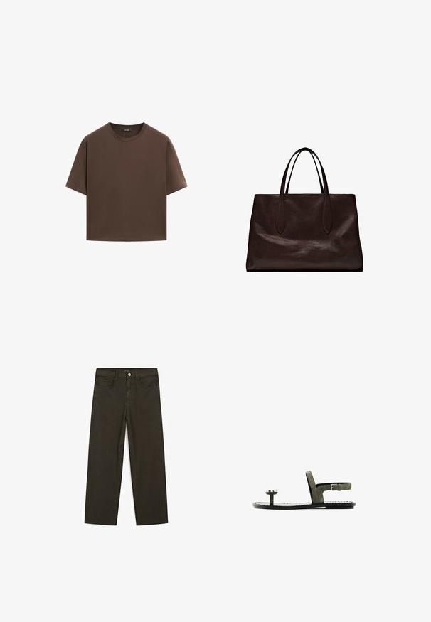 Braunes Baumwoll-T-Shirt, kurze Ärmel, runder Halsausschnitt, lockere Passform, glatte Textur, minimalistisches Design, keine sichtbaren Muster oder Akzente.; Dunkelgrüne Jeans im weit geschnittenen Style, hergestellt aus einem Baumwollgemisch. Sie verfügen über einen Frontknopfverschluss, fünf Taschen und klassische Denim-Nähte.; Offene Sandale aus olivgrünen Wildleder, mit einem dünnen Knöchelriemen mit Schnalle, einem runden Zehenteil und einer flachen schwarzen Sohle.; Massimo Dutti Handtasche - brown